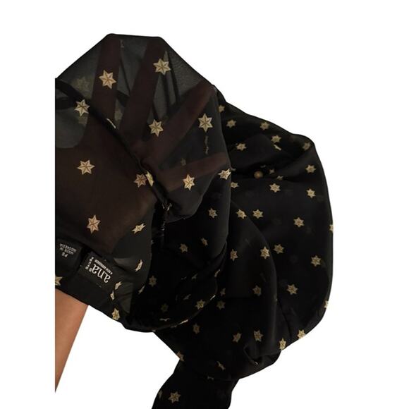 A.N.A Black Sheer Small Petite Blouse Golden Star Print Button-Front Long Sleeve - Picture 3 of 7